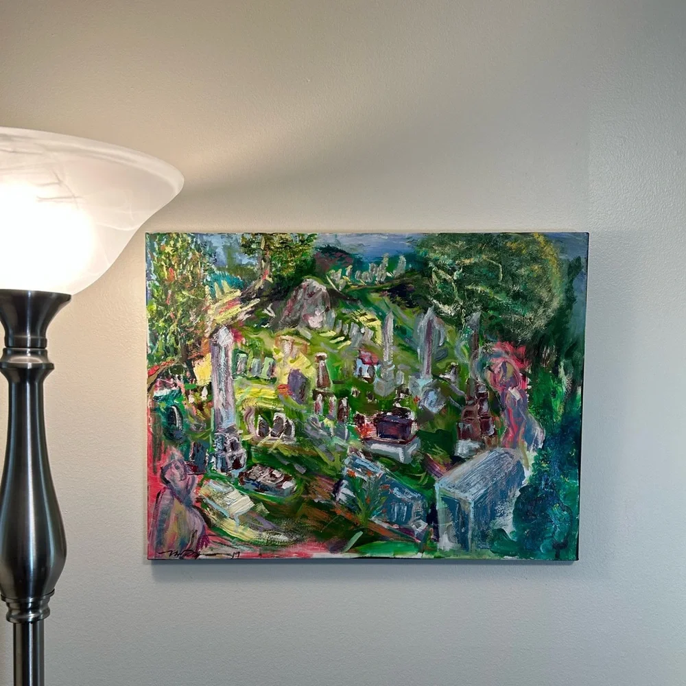 Original oil painting abstract landscape surrealism graveyard portrait signed - Picture 2 of 5